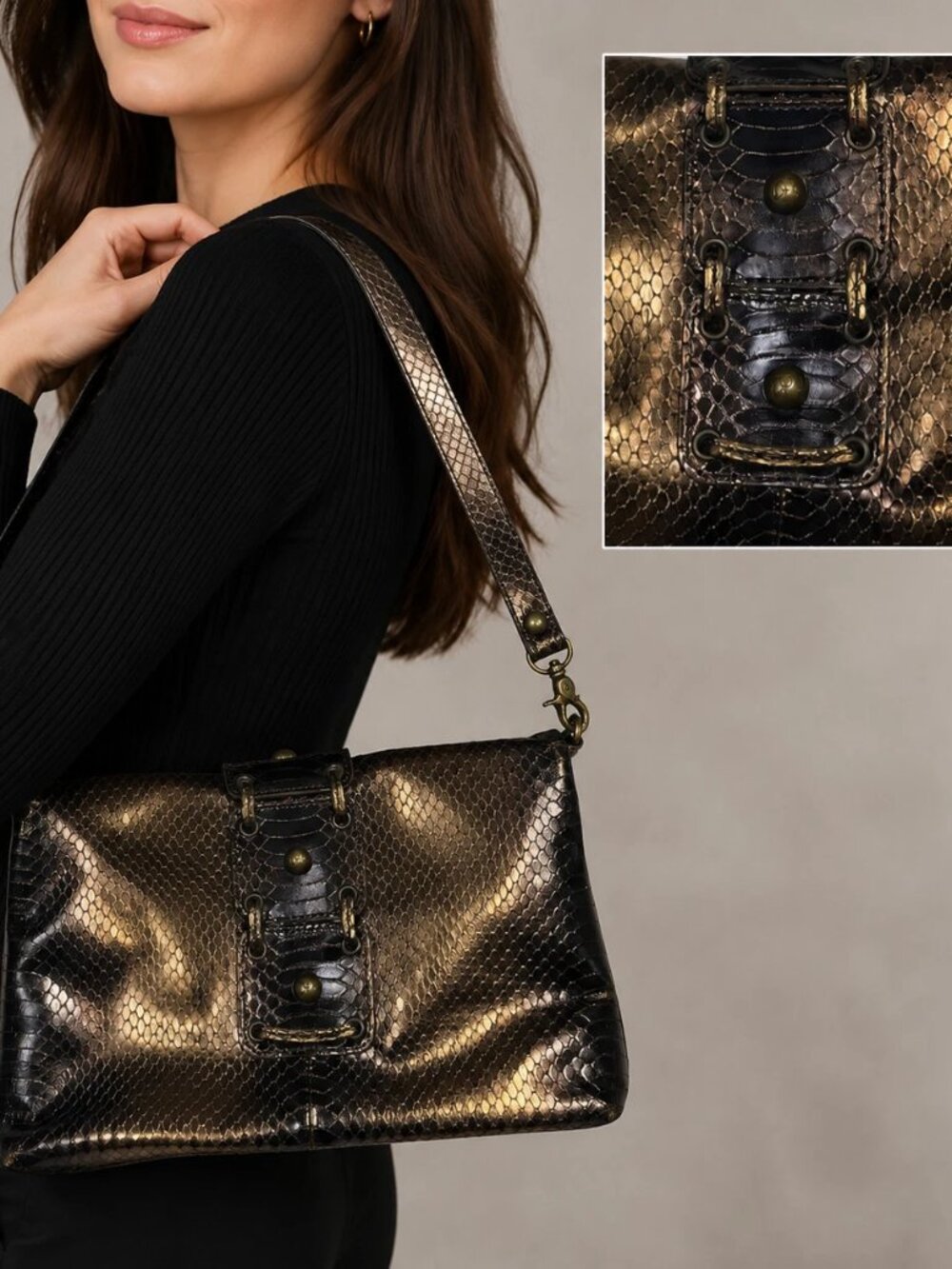 VTG Donald J Pliner Metallic Bronze Snake Embossed Leather Clutch/Shoulder Bag